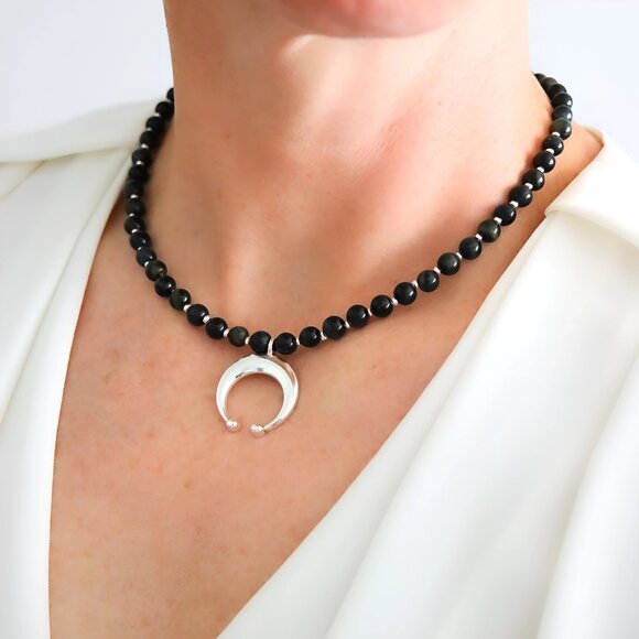 Blue Tiger's Eye Crescent Moon Choker Necklace - Picture 2 of 6